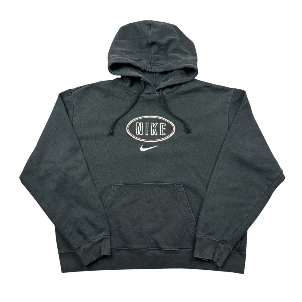 Nike Varsity Knit‎ Logo Pullover Hoodie Sweatshirt Women Medium Black Cropped